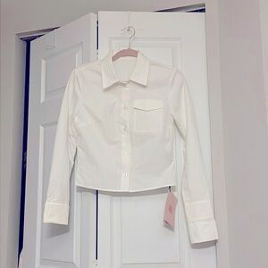 Cropped White Cotton Long-Sleeve Button-Down Shirt Blouse Kawaii